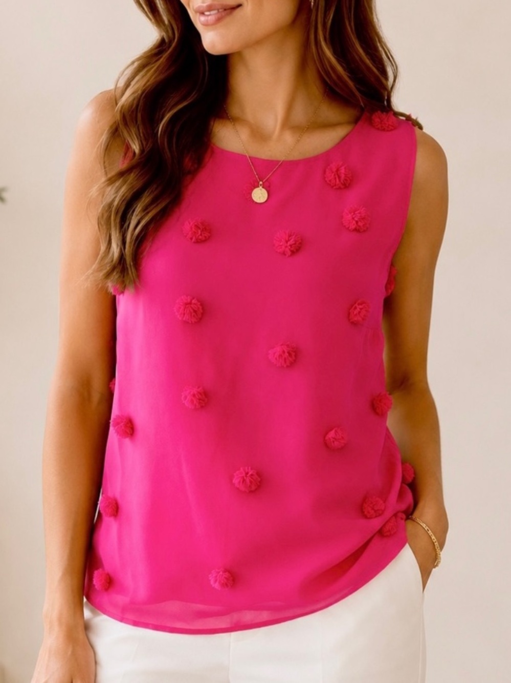 RSVP by Talbots Fuchsia Pink Pom-Pom Sleeveless Blouse Top Bow Back NWT Size Med